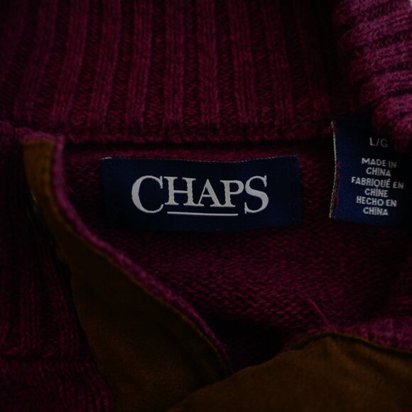 Chaps Purple Ribbed Mock Neck Thick Henley Knit Cotton Sweater Large Elbow Patch - Picture 10 of 12